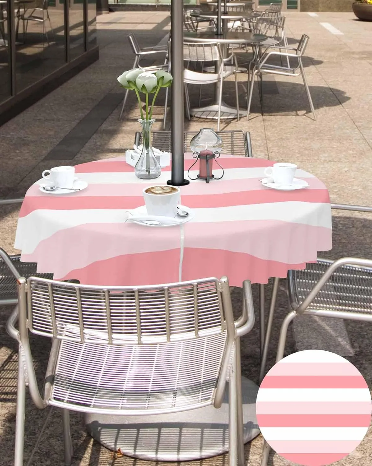 Outdoor Tablecloth 54" R Table Cover with Umbrella Hole and Zipper Waterproof Retro Pink and White Striped Geometric Table Cloths for BBQs/Party/Picnic