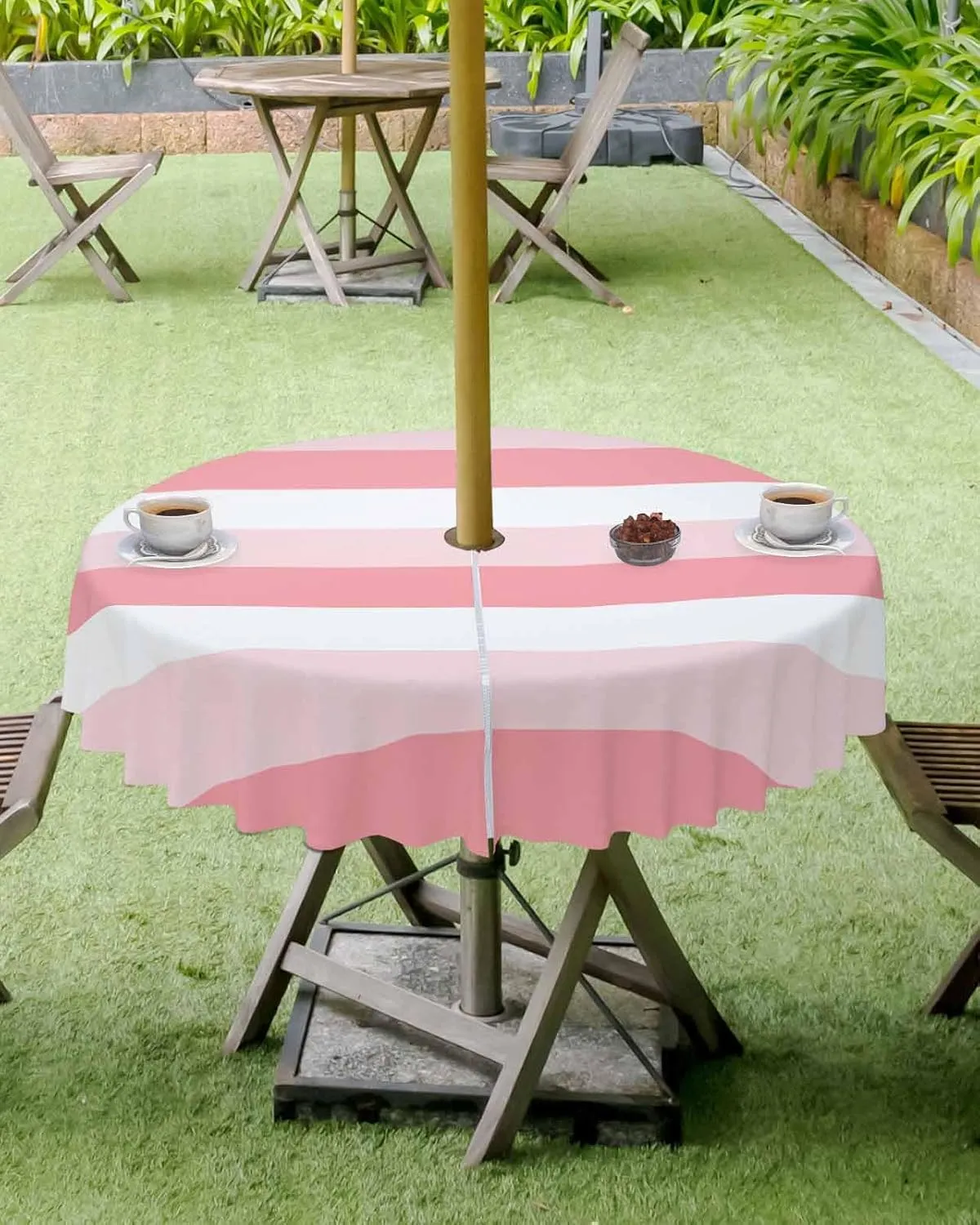 Outdoor Tablecloth 54" R Table Cover with Umbrella Hole and Zipper Waterproof Retro Pink and White Striped Geometric Table Cloths for BBQs/Party/Picnic