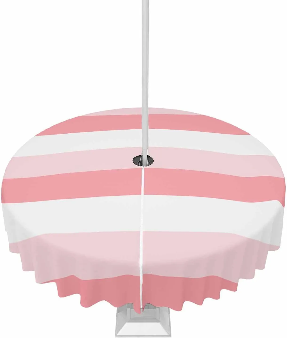 Outdoor Tablecloth 54" R Table Cover with Umbrella Hole and Zipper Waterproof Retro Pink and White Striped Geometric Table Cloths for BBQs/Party/Picnic