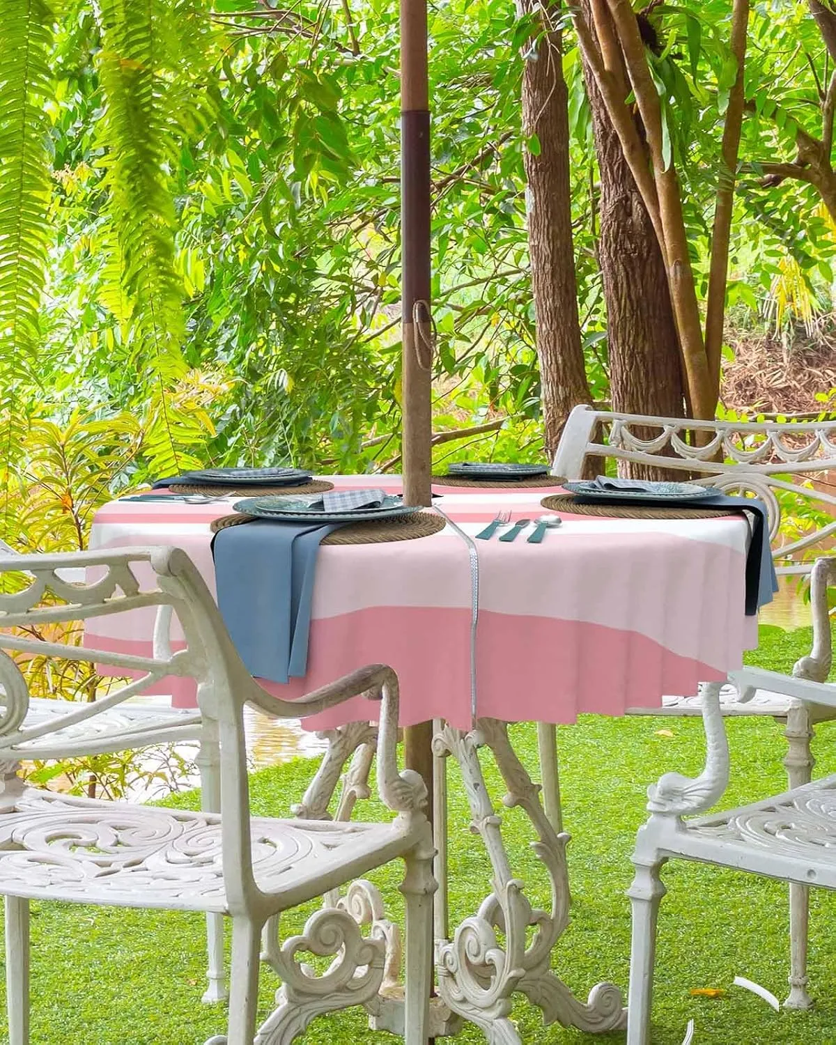 Outdoor Tablecloth 54" R Table Cover with Umbrella Hole and Zipper Waterproof Retro Pink and White Striped Geometric Table Cloths for BBQs/Party/Picnic
