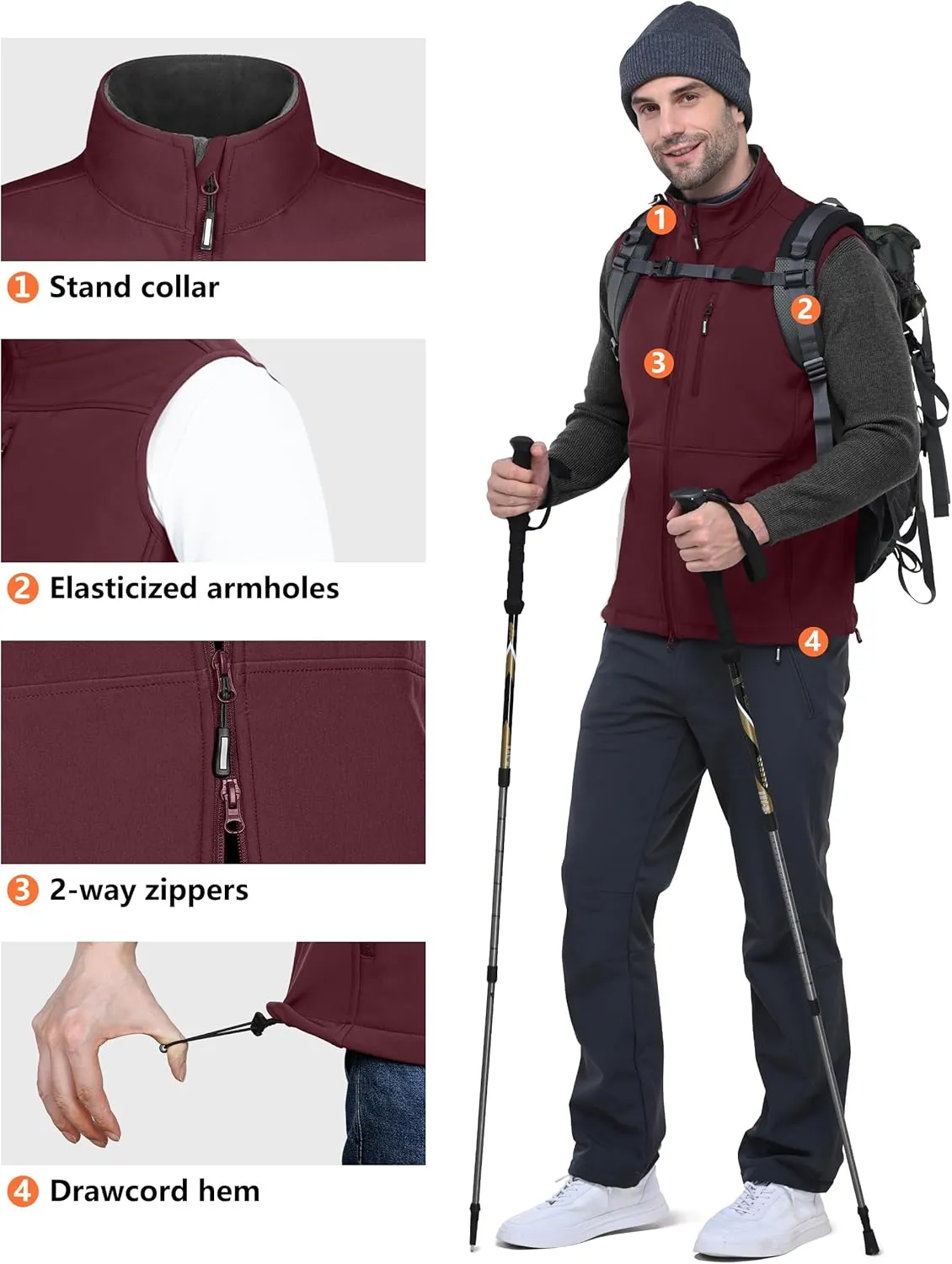 Outdoor Ventures Men's Running Vest Outerwear, Lightweight Windproof Fleece-Lined Softshell Sleeveless Jacket for Golf