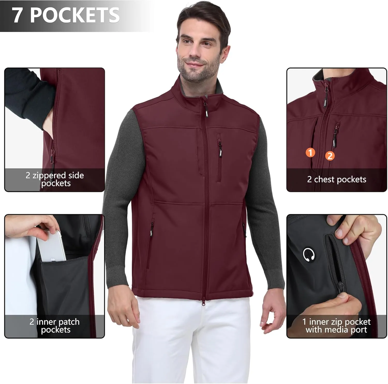 Outdoor Ventures Men's Running Vest Outerwear, Lightweight Windproof Fleece-Lined Softshell Sleeveless Jacket for Golf