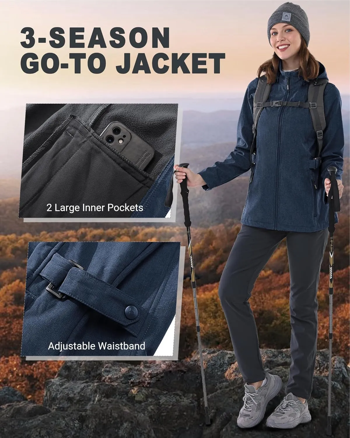 Outdoor Ventures Women's Softshell Jacket with Removable Hood, Insulated Windbreaker Waterproof Warm Fleece Lined Coat