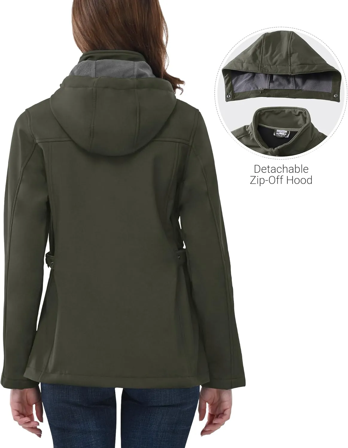 Outdoor Ventures Women's Softshell Jacket with Removable Hood, Insulated Windbreaker Waterproof Warm Fleece Lined Coat