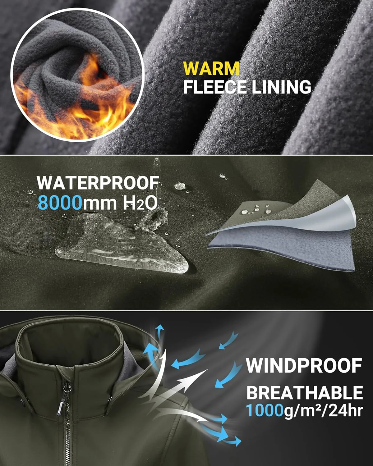 Outdoor Ventures Women's Softshell Jacket with Removable Hood, Insulated Windbreaker Waterproof Warm Fleece Lined Coat