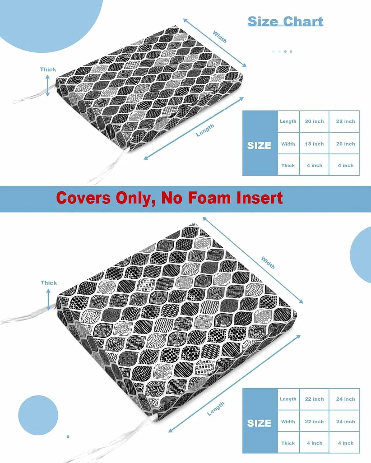 Outdoor Waterproof Cushion Covers Abstract Geometric Art Replacement Stretch Seat Slipcover for Patio, Modern Grey Black Water Drop Artwork Chair Couch Sofa Covers Protector Set of 2,22x20IN