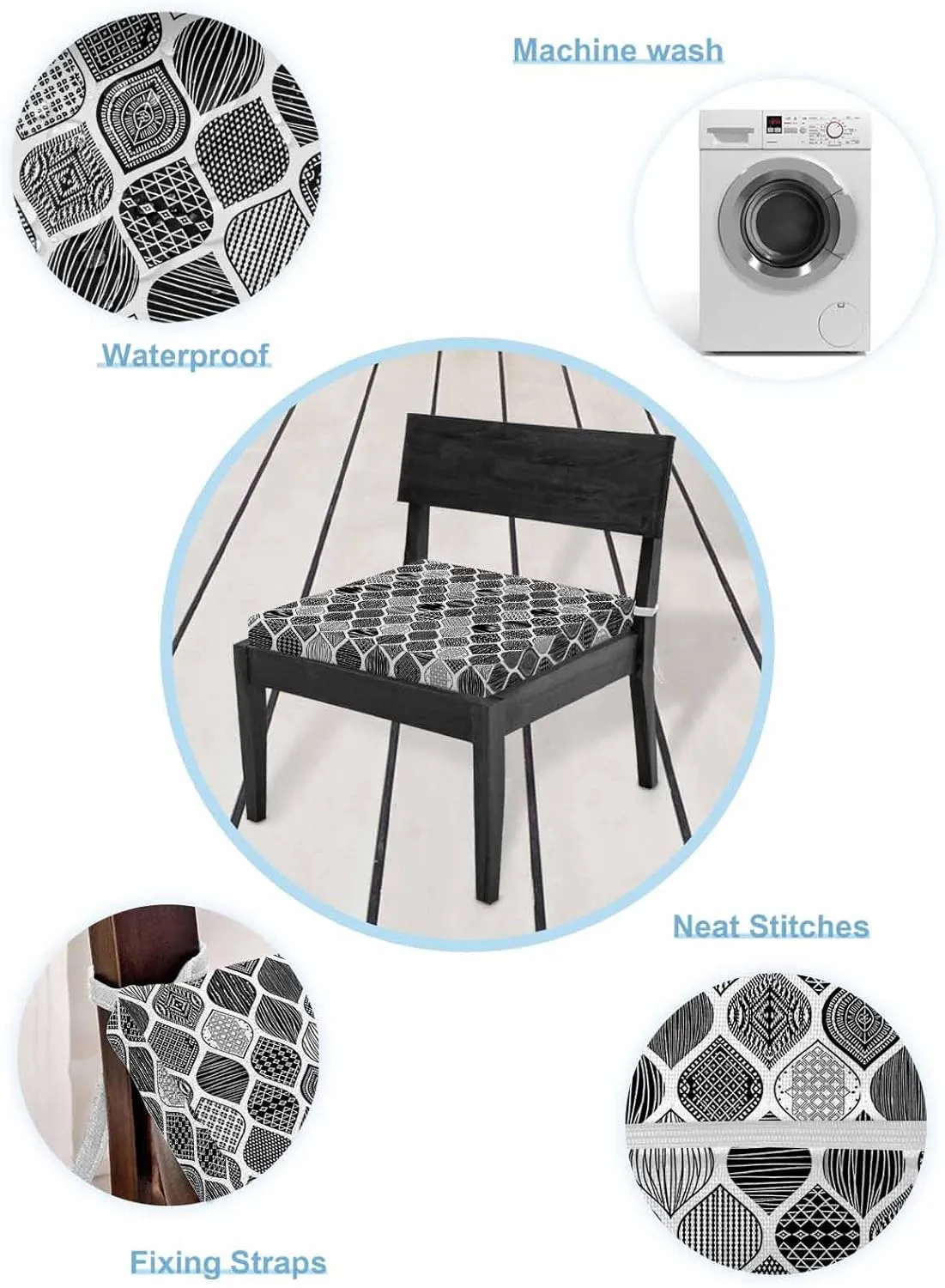 Outdoor Waterproof Cushion Covers Abstract Geometric Art Replacement Stretch Seat Slipcover for Patio, Modern Grey Black Water Drop Artwork Chair Couch Sofa Covers Protector Set of 2,22x20IN