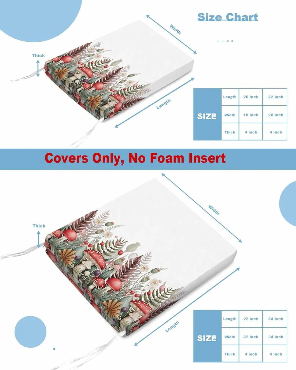 Outdoor Waterproof Cushion Covers Autumn Rural Mushrooms Replacement Stretch Seat Slipcover for Patio, Garden Plant Leaves Chair Couch Sofa Covers Furniture Protector Set of 2,22x22IN