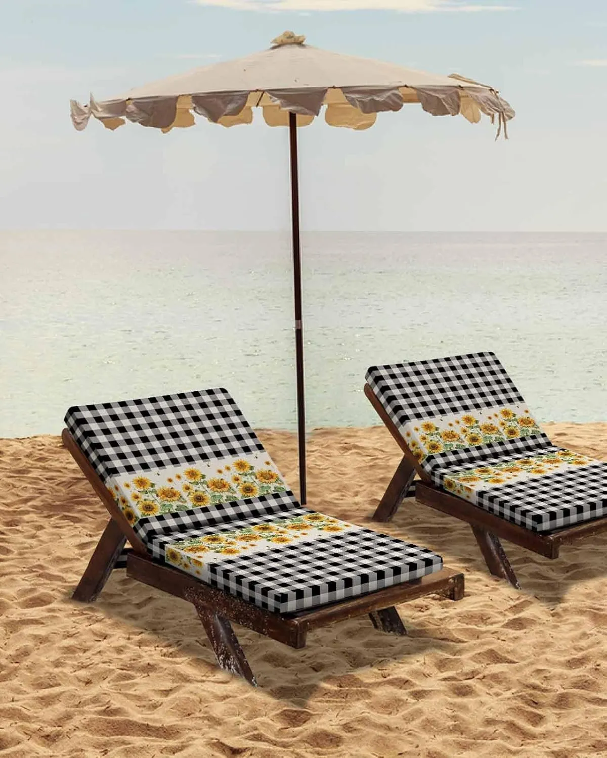 Outdoor Waterproof Cushion Covers Retro Farm Sunflowers Replacement Stretch Seat Slipcover for Patio, Retro Country Black White Grid Chair Couch Sofa Covers Furniture Protector Set of 2,22x22IN