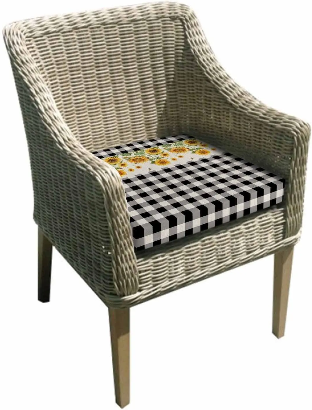 Outdoor Waterproof Cushion Covers Retro Farm Sunflowers Replacement Stretch Seat Slipcover for Patio, Retro Country Black White Grid Chair Couch Sofa Covers Furniture Protector Set of 2,22x22IN