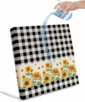 Outdoor Waterproof Cushion Covers Retro Farm Sunflowers Replacement Stretch Seat Slipcover for Patio, Retro Country Black White Grid Chair Couch Sofa Covers Furniture Protector Set of 2,22x22IN