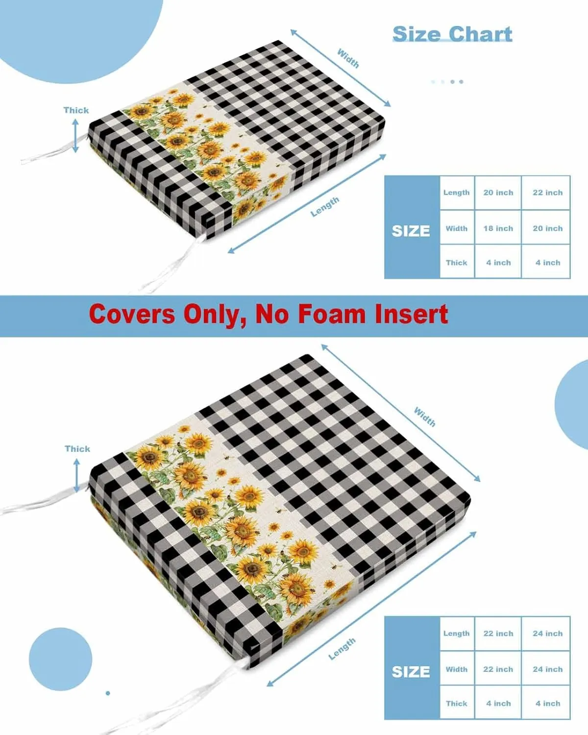 Outdoor Waterproof Cushion Covers Retro Farm Sunflowers Replacement Stretch Seat Slipcover for Patio, Retro Country Black White Grid Chair Couch Sofa Covers Furniture Protector Set of 2,22x22IN