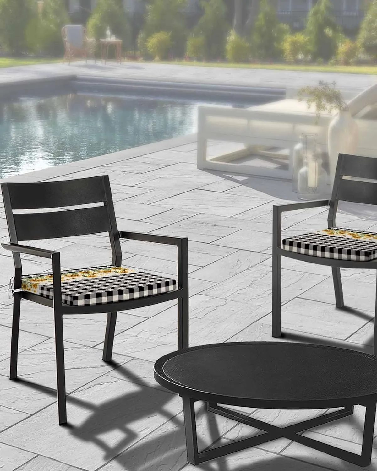 Outdoor Waterproof Cushion Covers Retro Farm Sunflowers Replacement Stretch Seat Slipcover for Patio, Retro Country Black White Grid Chair Couch Sofa Covers Furniture Protector Set of 2,22x22IN
