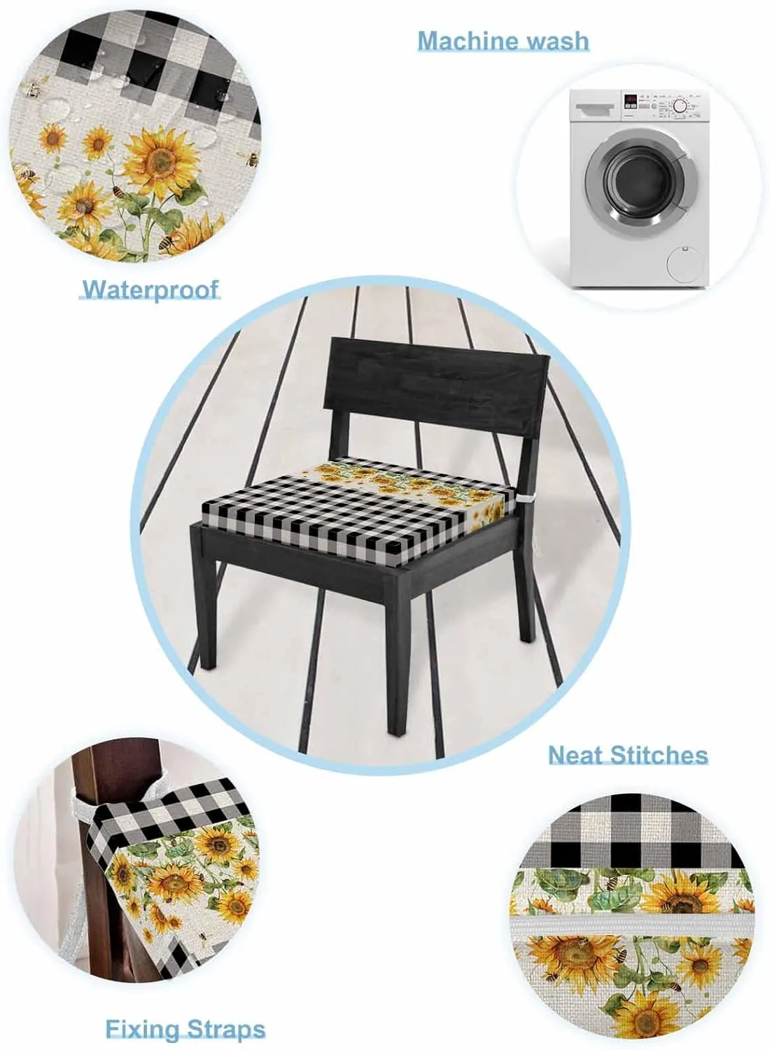 Outdoor Waterproof Cushion Covers Retro Farm Sunflowers Replacement Stretch Seat Slipcover for Patio, Retro Country Black White Grid Chair Couch Sofa Covers Furniture Protector Set of 2,22x22IN