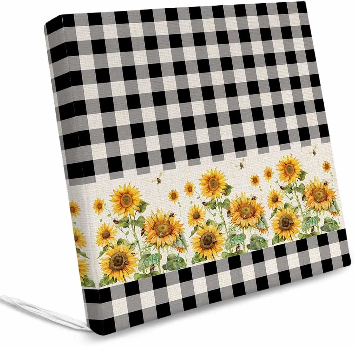 Outdoor Waterproof Cushion Covers Retro Farm Sunflowers Replacement Stretch Seat Slipcover for Patio, Retro Country Black White Grid Chair Couch Sofa Covers Furniture Protector Set of 2,22x22IN