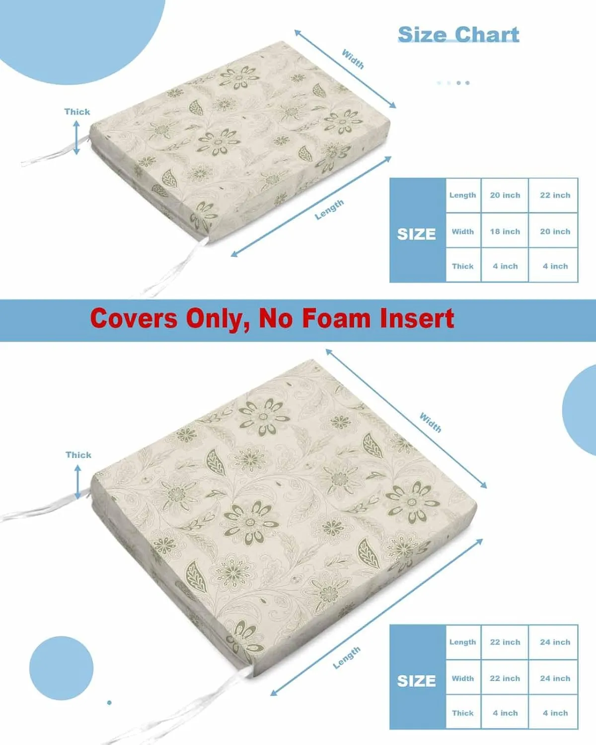 Outdoor Waterproof Cushion Covers Village Sage Green Flower Replacement Stretch Seat Slipcover for Patio,Retro Paisley Ethnic Tribal Floral Chair Couch Sofa Cover Furniture Protector Set of 2,22x20IN