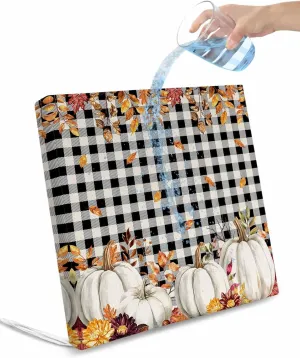 Outdoor Waterproof Cushion Covers Vintage Fall White Pumpkins Replacement Stretch Seat Slipcover for Patio, Autumn Leaves Black White Plaid Chair Couch Sofa Covers Protector Set of 2,24x24IN