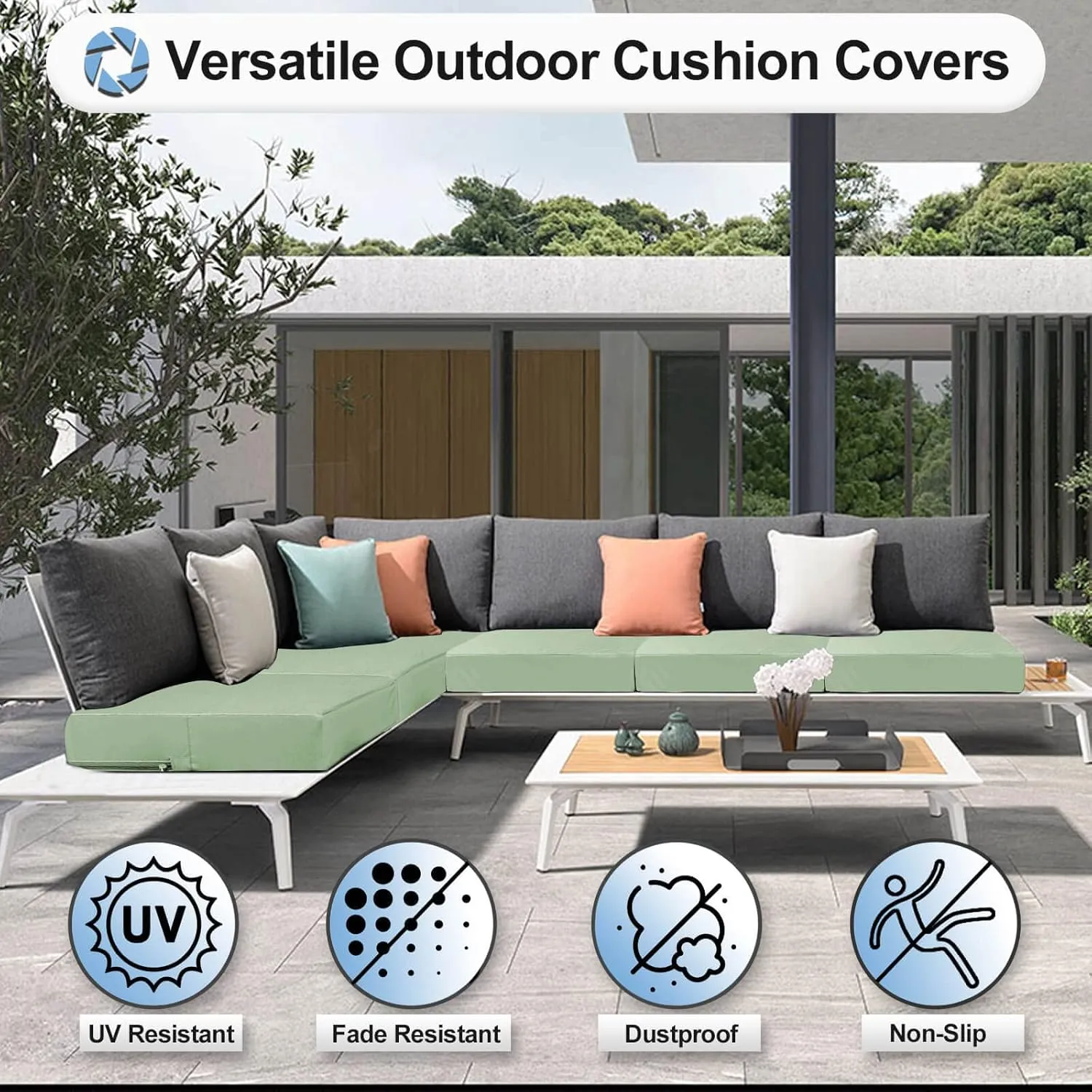 OutdoorLines Patio Seat Cushion Covers Replacement, Waterproof Cushion Cover for Outdoor Furniture, Anti-Slip Patio Chair Cushion Covers for Backyard (Set of 2, 20"x18"x4", Greyish Green, Cover Only)