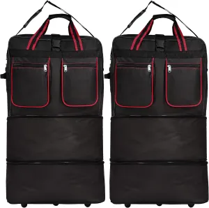 (Pack of 2) 30"" Duffle Bag Expandable Rolling Lightweight Wheeled Spinner Suitcase Luggage for Travel and Storage (Black with Red Trim)
