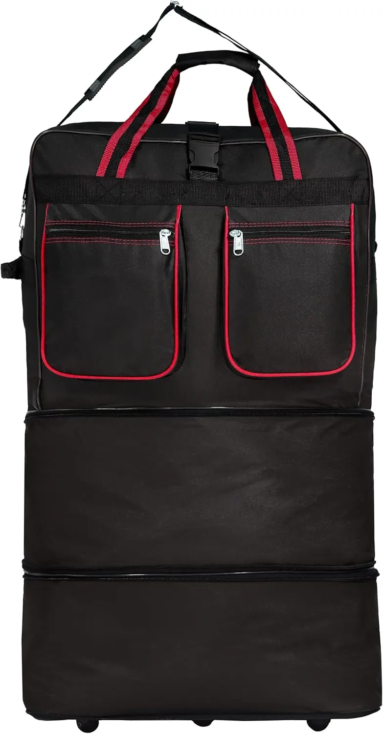 (Pack of 2) 30"" Duffle Bag Expandable Rolling Lightweight Wheeled Spinner Suitcase Luggage for Travel and Storage (Black with Red Trim)