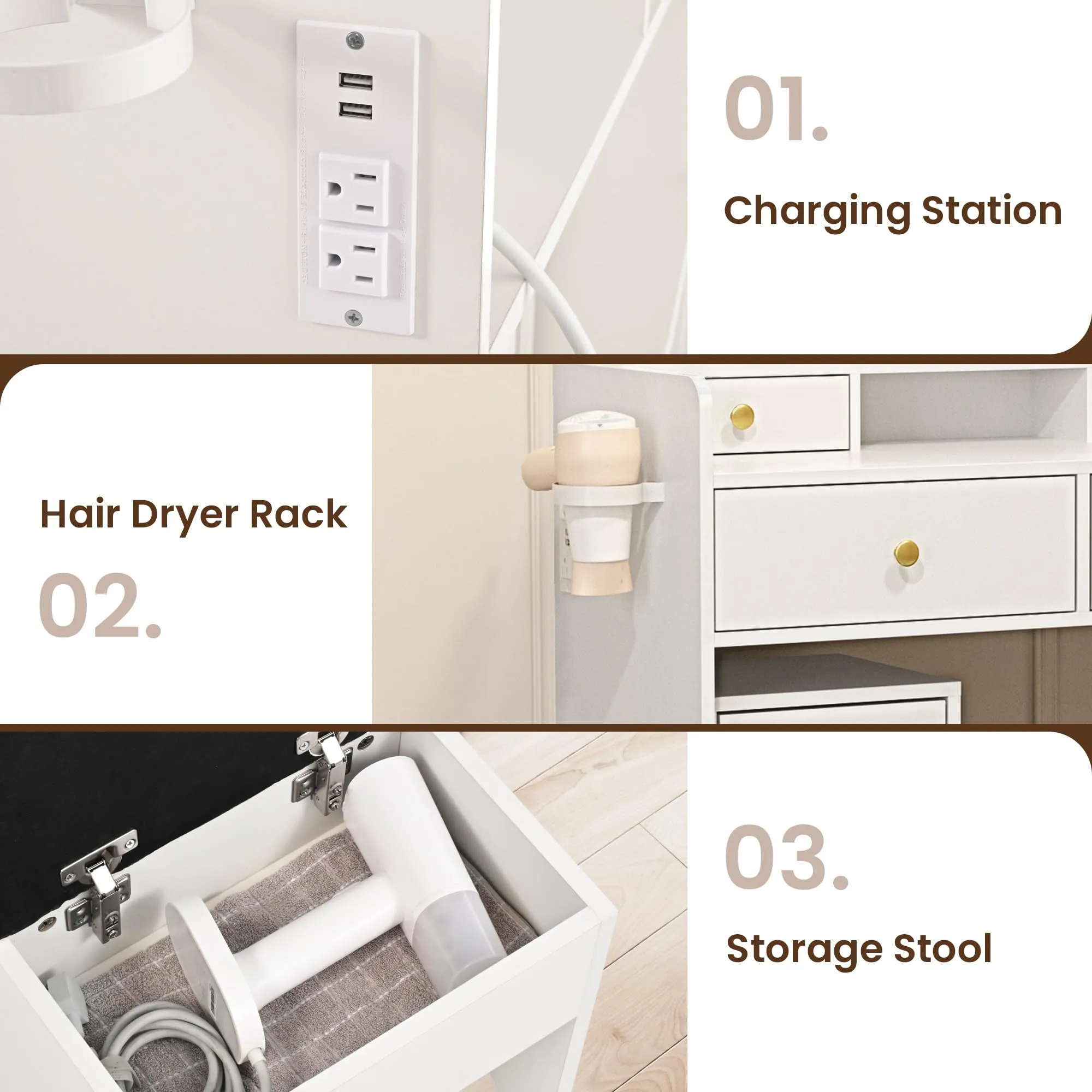 Pamapic Mobile File Cabinet Vanity Desk with Mirror and Lights, 8 Drawers Makeup Vanity Desk with Lights and Upgraded Silent Slides, 3 Lighting Modes Makeup Vanity with Charging Station, White