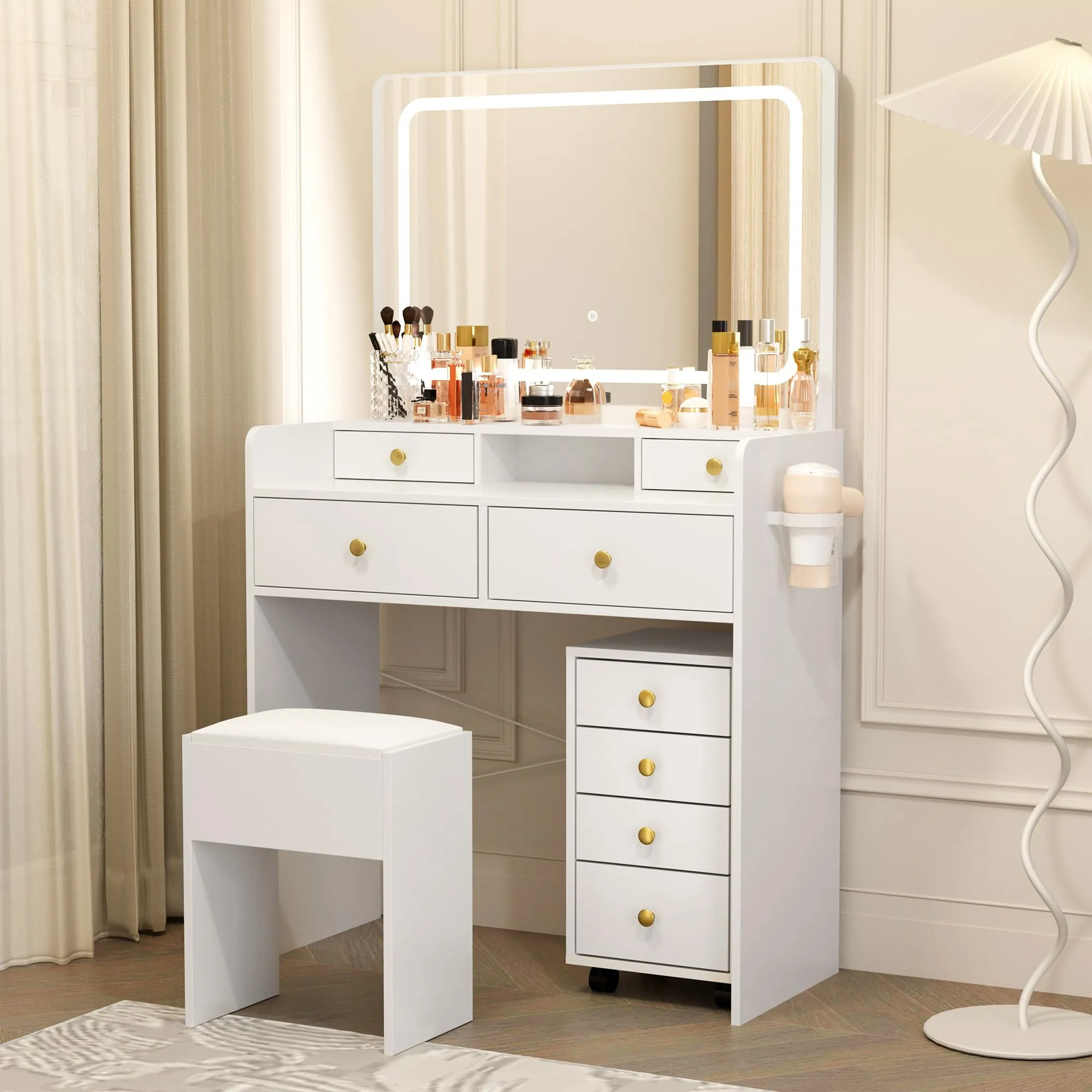 Pamapic Mobile File Cabinet Vanity Desk with Mirror and Lights, 8 Drawers Makeup Vanity Desk with Lights and Upgraded Silent Slides, 3 Lighting Modes Makeup Vanity with Charging Station, White