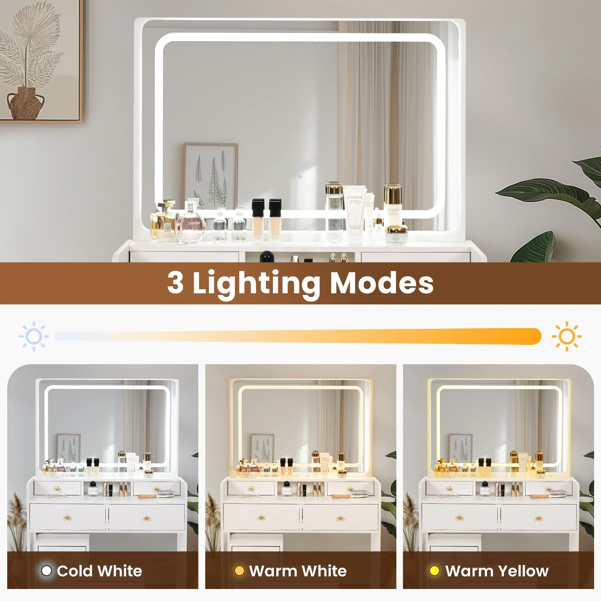 Pamapic Mobile File Cabinet Vanity Desk with Mirror and Lights, 8 Drawers Makeup Vanity Desk with Lights and Upgraded Silent Slides, 3 Lighting Modes Makeup Vanity with Charging Station, White