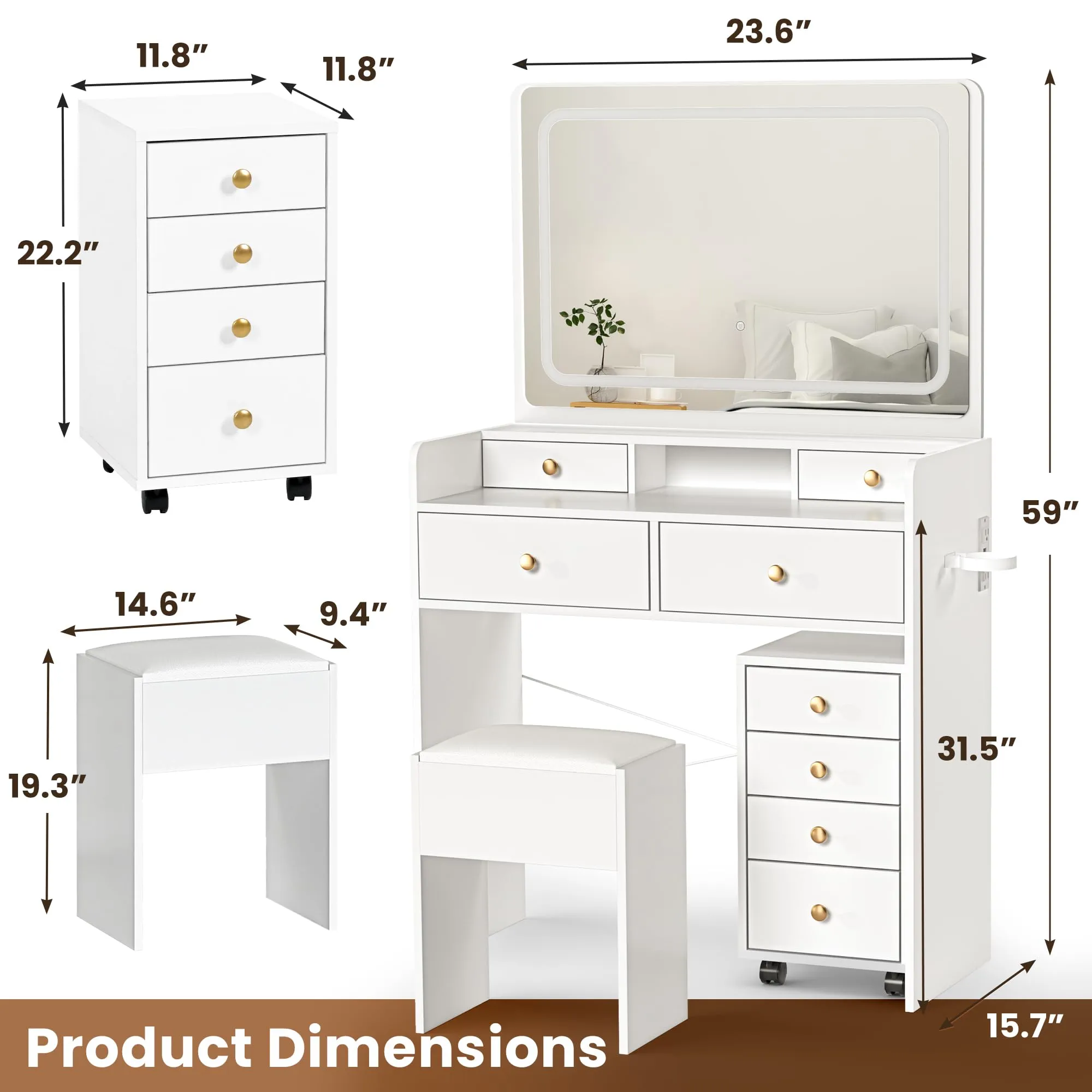 Pamapic Mobile File Cabinet Vanity Desk with Mirror and Lights, 8 Drawers Makeup Vanity Desk with Lights and Upgraded Silent Slides, 3 Lighting Modes Makeup Vanity with Charging Station, White