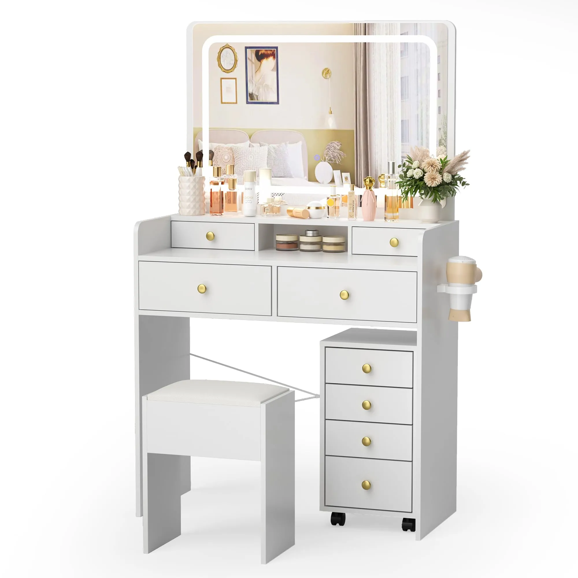 Pamapic Mobile File Cabinet Vanity Desk with Mirror and Lights, 8 Drawers Makeup Vanity Desk with Lights and Upgraded Silent Slides, 3 Lighting Modes Makeup Vanity with Charging Station, White