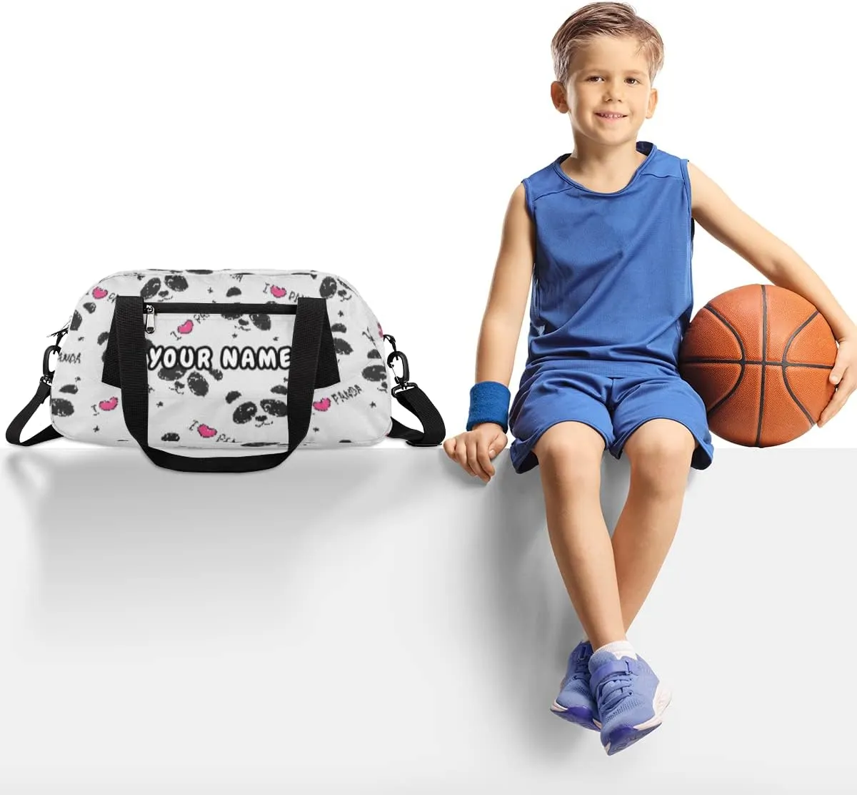 Panda Love Heart Personalized Kids Duffel Bag for Girls Boys, Panda Debris Custom Name Dance Bag Overnight Small Duffel Bag Carry On Weekend Sports Travel Bag for School Practice Gymnastics Ballet