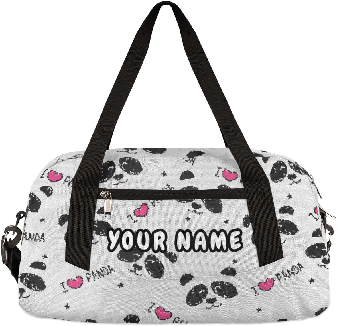 Panda Love Heart Personalized Kids Duffel Bag for Girls Boys, Panda Debris Custom Name Dance Bag Overnight Small Duffel Bag Carry On Weekend Sports Travel Bag for School Practice Gymnastics Ballet