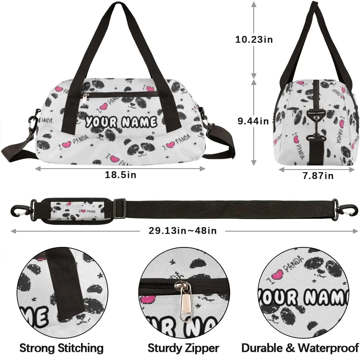 Panda Love Heart Personalized Kids Duffel Bag for Girls Boys, Panda Debris Custom Name Dance Bag Overnight Small Duffel Bag Carry On Weekend Sports Travel Bag for School Practice Gymnastics Ballet
