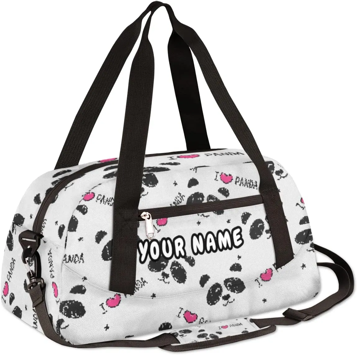 Panda Love Heart Personalized Kids Duffel Bag for Girls Boys, Panda Debris Custom Name Dance Bag Overnight Small Duffel Bag Carry On Weekend Sports Travel Bag for School Practice Gymnastics Ballet