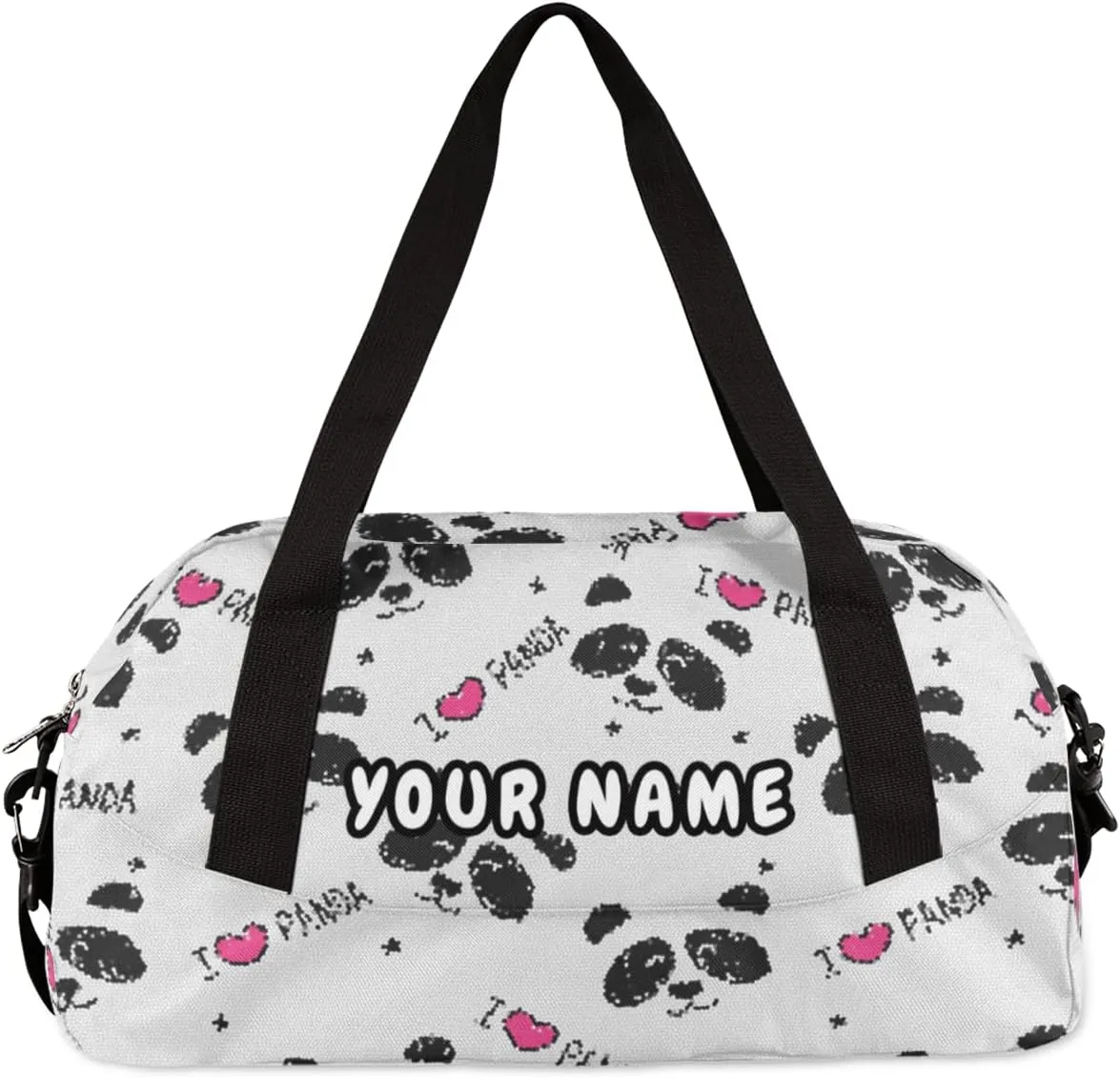 Panda Love Heart Personalized Kids Duffel Bag for Girls Boys, Panda Debris Custom Name Dance Bag Overnight Small Duffel Bag Carry On Weekend Sports Travel Bag for School Practice Gymnastics Ballet