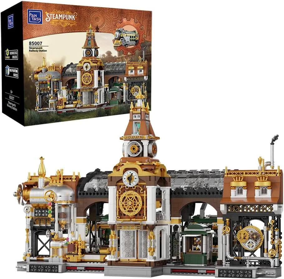 PANTASY Train Station Architecture Building Set, Steampunk Railway Station Building-Bricks Set, Features a Buildable Train, Tracks, Ticket Office Construction Building Toy Kit for Adults and Teen