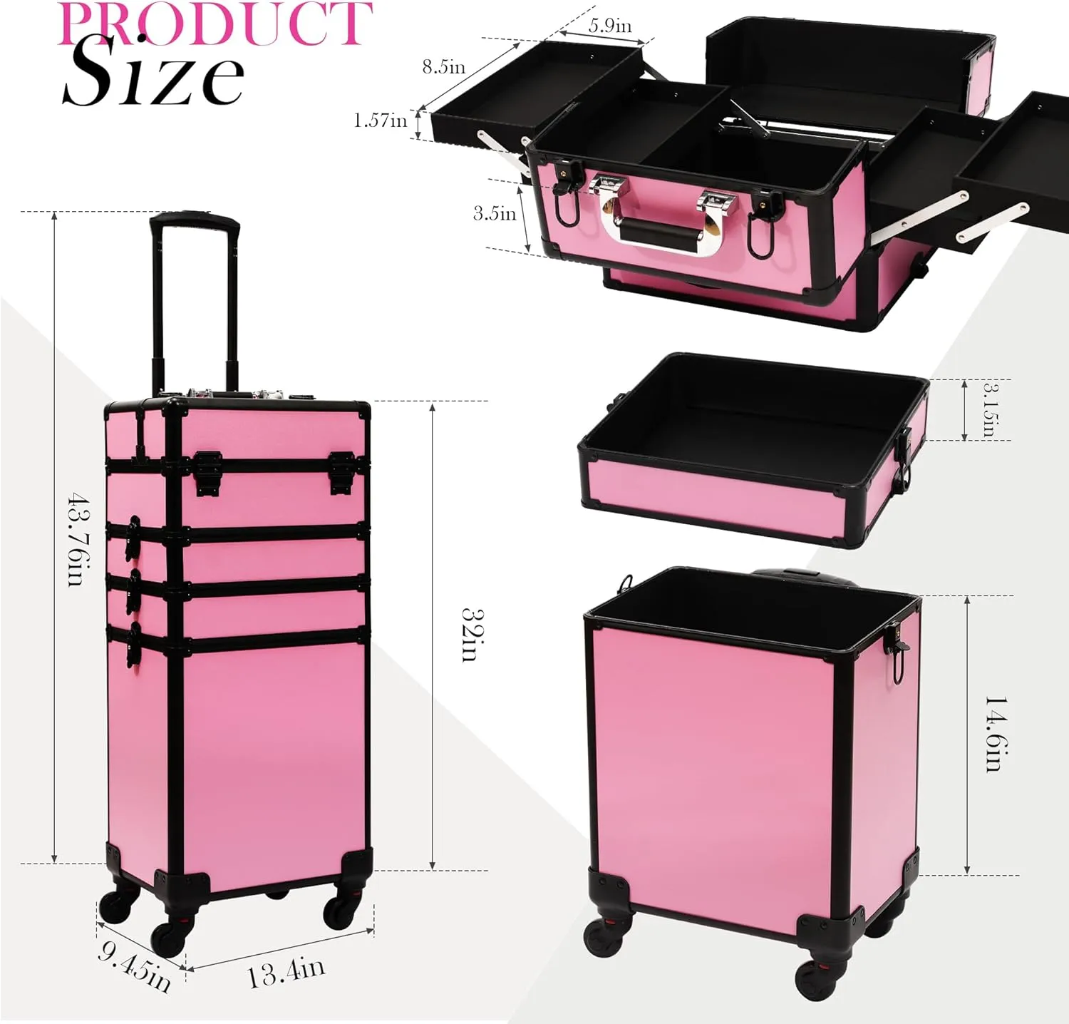 Particle Rolling Makeup Train Case Professional Cosmetic Trolley Large Storage Organizer with Key Swivel Wheels Salon Barber Case -Extra Portable Cosmetic Bag, Pink