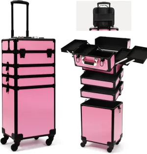 Particle Rolling Makeup Train Case Professional Cosmetic Trolley Large Storage Organizer with Key Swivel Wheels Salon Barber Case -Extra Portable Cosmetic Bag, Pink