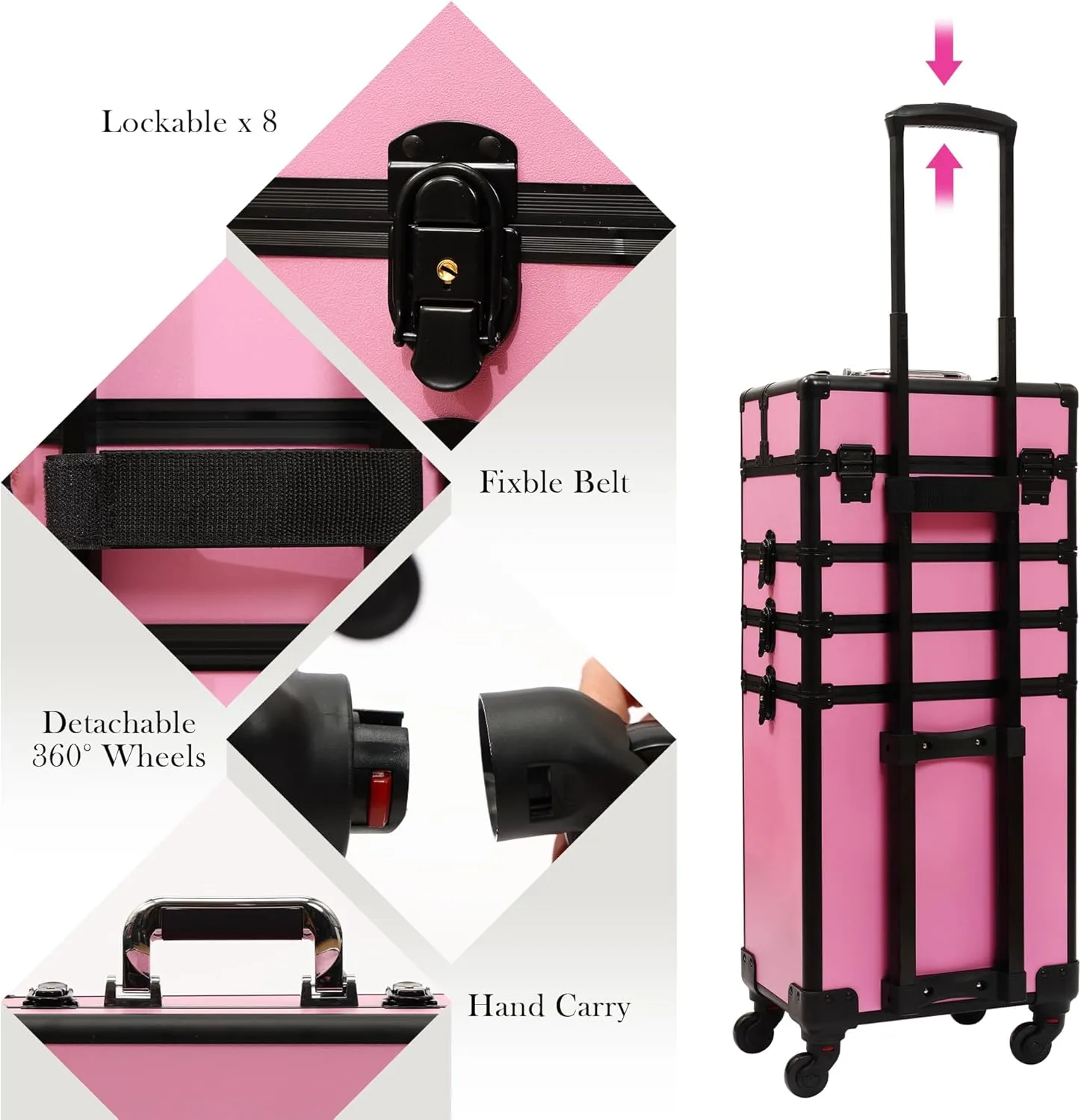 Particle Rolling Makeup Train Case Professional Cosmetic Trolley Large Storage Organizer with Key Swivel Wheels Salon Barber Case -Extra Portable Cosmetic Bag, Pink