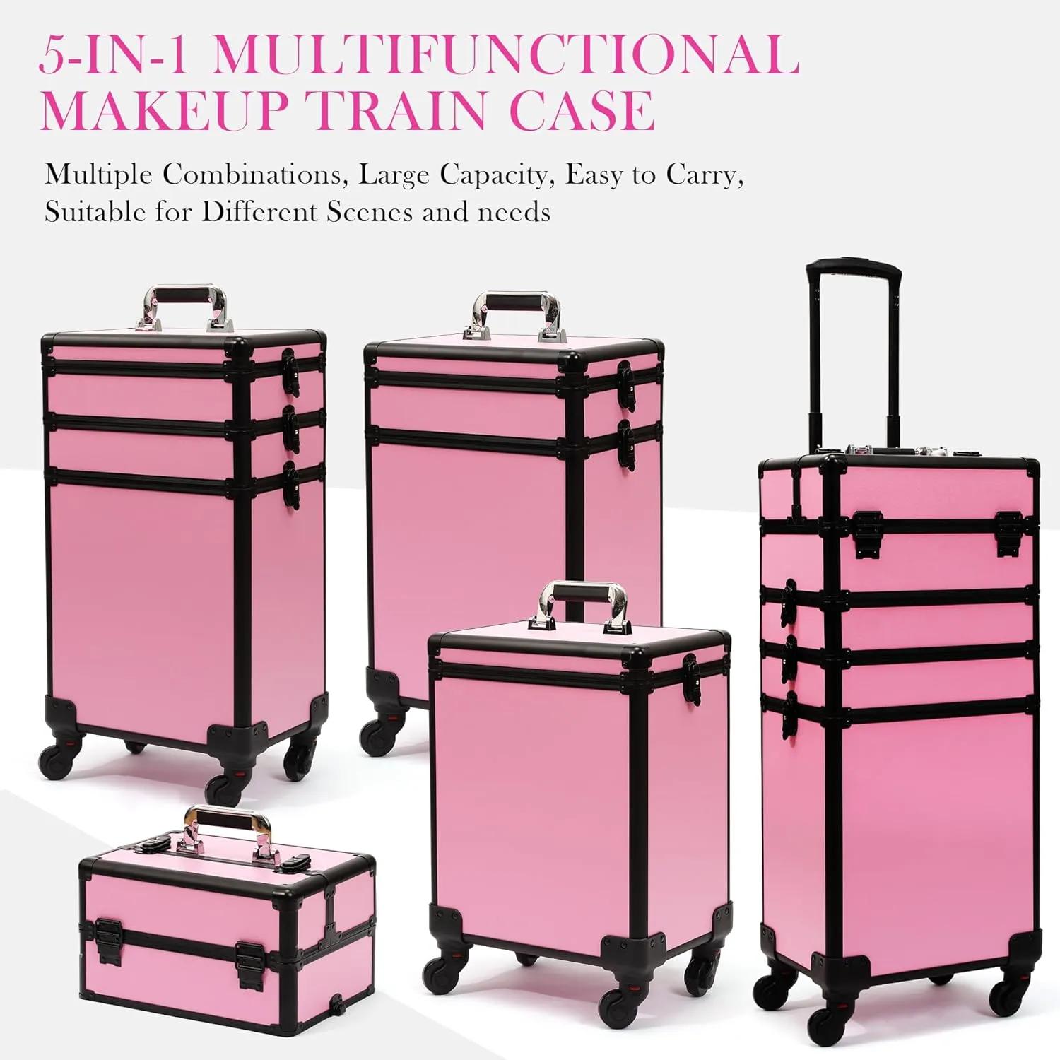 Particle Rolling Makeup Train Case Professional Cosmetic Trolley Large Storage Organizer with Key Swivel Wheels Salon Barber Case -Extra Portable Cosmetic Bag, Pink