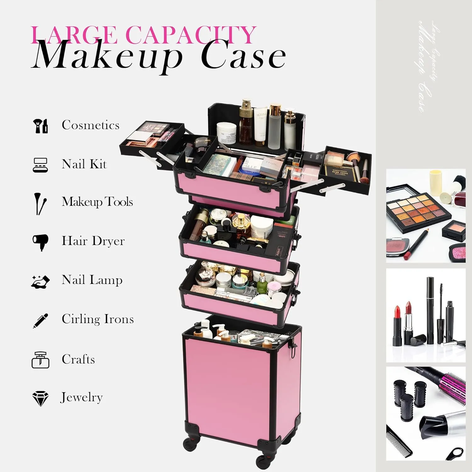 Particle Rolling Makeup Train Case Professional Cosmetic Trolley Large Storage Organizer with Key Swivel Wheels Salon Barber Case -Extra Portable Cosmetic Bag, Pink