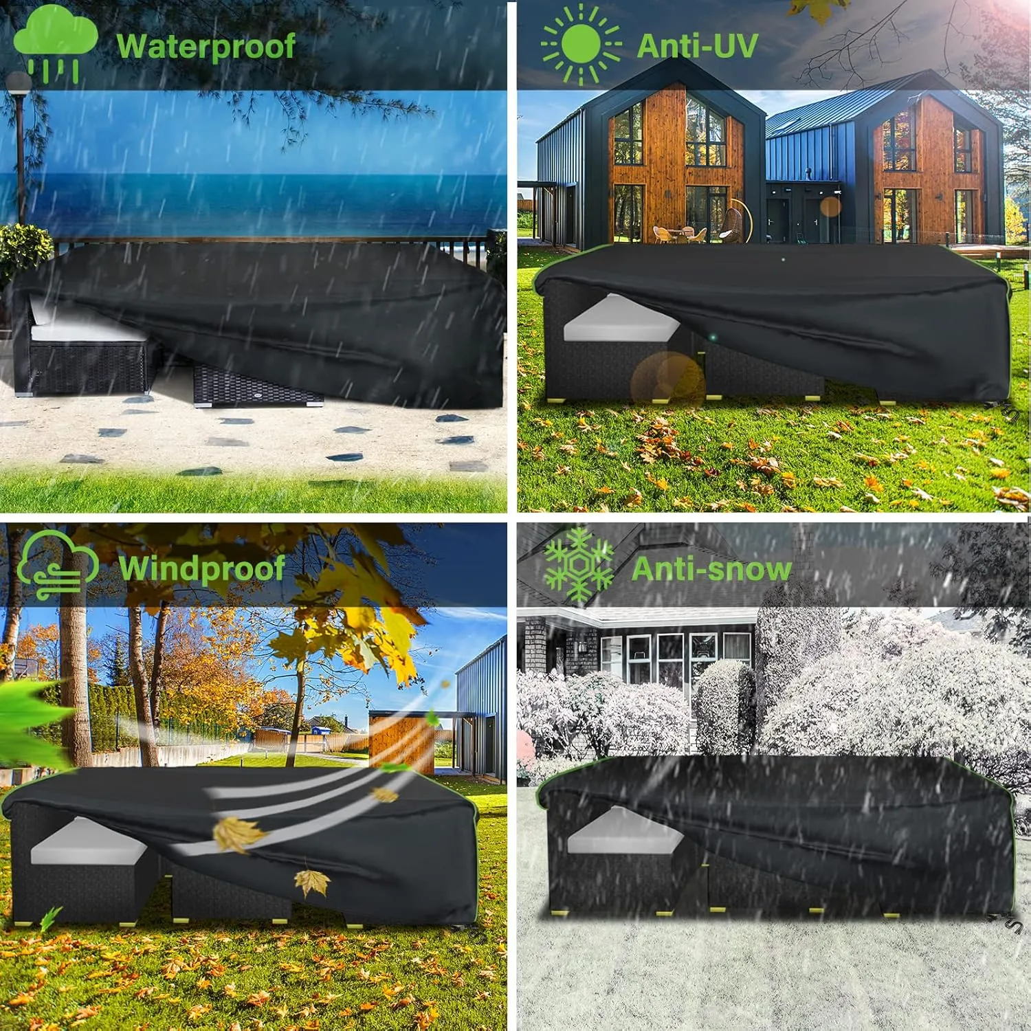 Patio Furniture Covers Waterproof, Heavy Duty 600D Outdoor Furniture Covers for Outside Sectional Sofa Set,Tear Resistance and Anti-UV, 126"L x 126"W x 28"H, Black with Green Piping