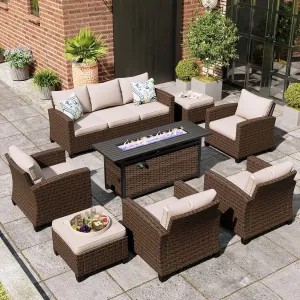 Patio Furniture Set, 8 Pcs Wicker Rattan Outdoor Conversation Set, 4 x Leg Chairs, 1 x 3 Seater Sofa and 2 x Ottoman with 4" Thick Cushion and 56" Fire Pit Table, Beige