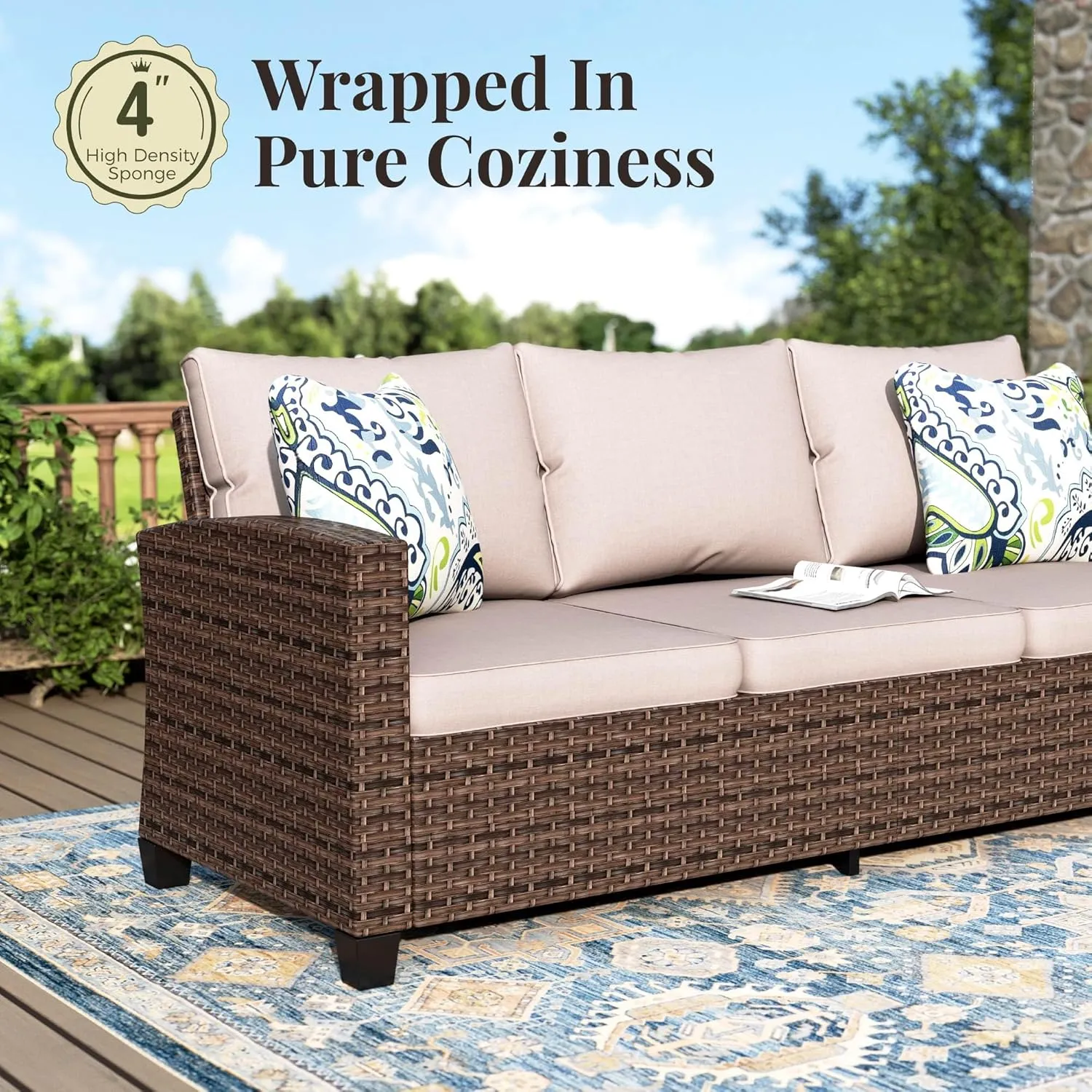 Patio Furniture Set, 8 Pcs Wicker Rattan Outdoor Conversation Set, 4 x Leg Chairs, 1 x 3 Seater Sofa and 2 x Ottoman with 4" Thick Cushion and 56" Fire Pit Table, Beige