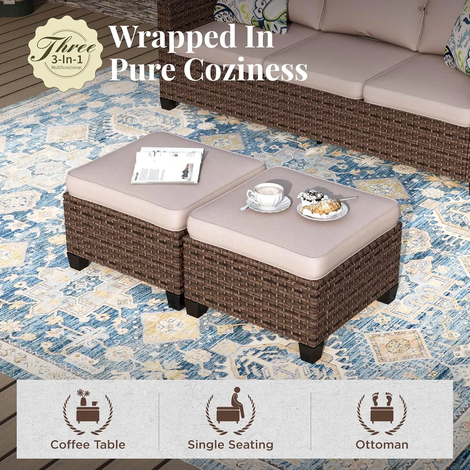 Patio Furniture Set, 8 Pcs Wicker Rattan Outdoor Conversation Set, 4 x Leg Chairs, 1 x 3 Seater Sofa and 2 x Ottoman with 4" Thick Cushion and 56" Fire Pit Table, Beige