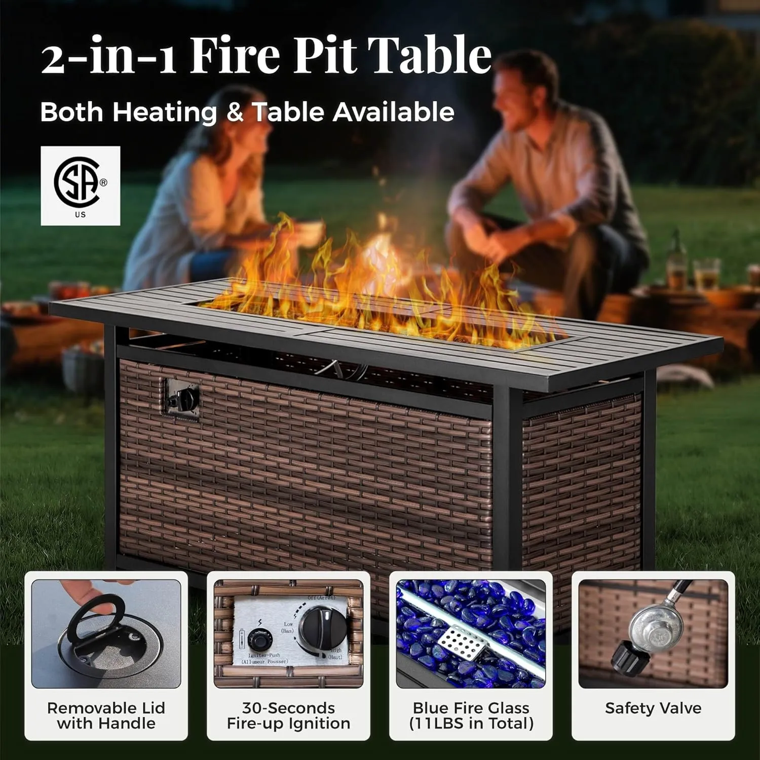 Patio Furniture Set, 8 Pcs Wicker Rattan Outdoor Conversation Set, 4 x Leg Chairs, 1 x 3 Seater Sofa and 2 x Ottoman with 4" Thick Cushion and 56" Fire Pit Table, Beige
