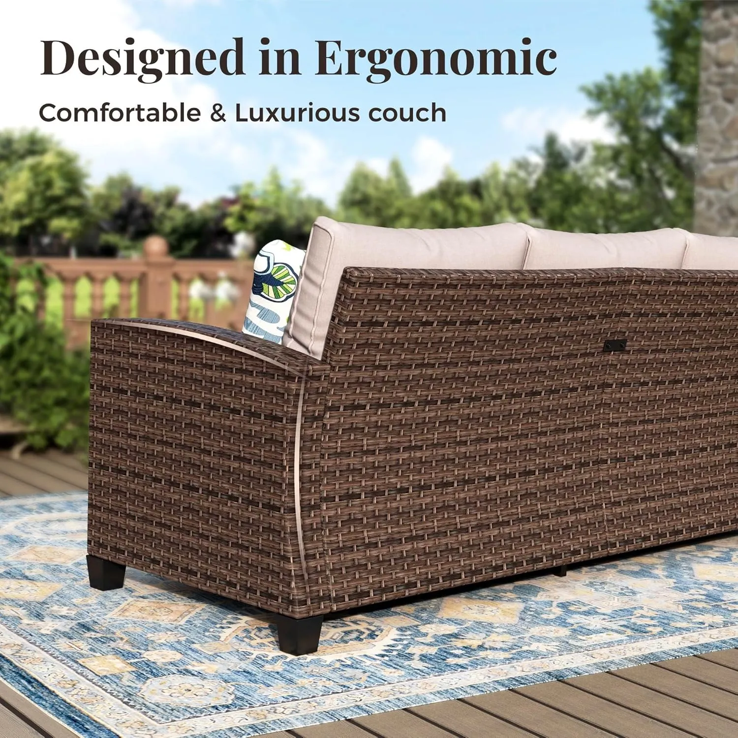 Patio Furniture Set, 8 Pcs Wicker Rattan Outdoor Conversation Set, 4 x Leg Chairs, 1 x 3 Seater Sofa and 2 x Ottoman with 4" Thick Cushion and 56" Fire Pit Table, Beige