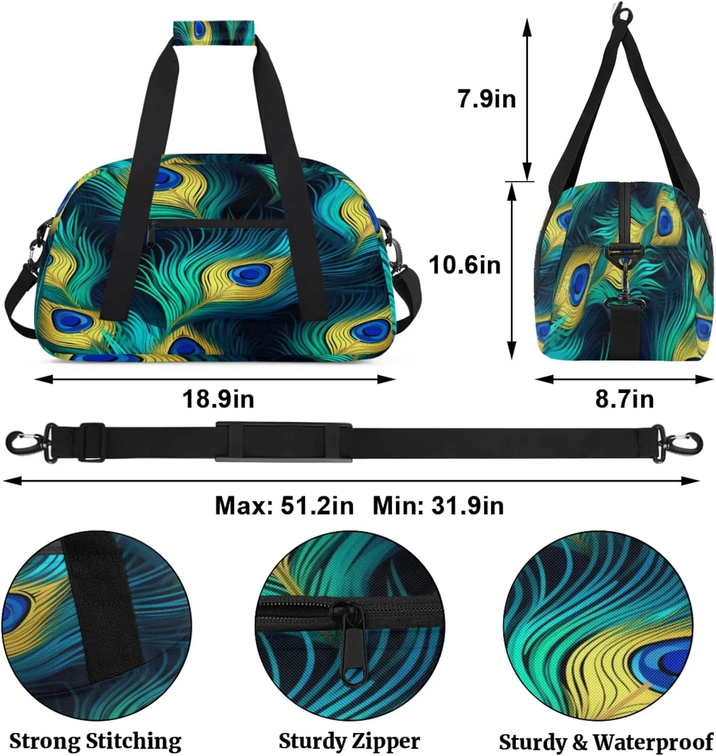 Peacock Bird Feathers Gym Bag for Women Men, Sports Travel Duffel Bag Lightweight Workout Bag Carry On Overnight Weekender Bag