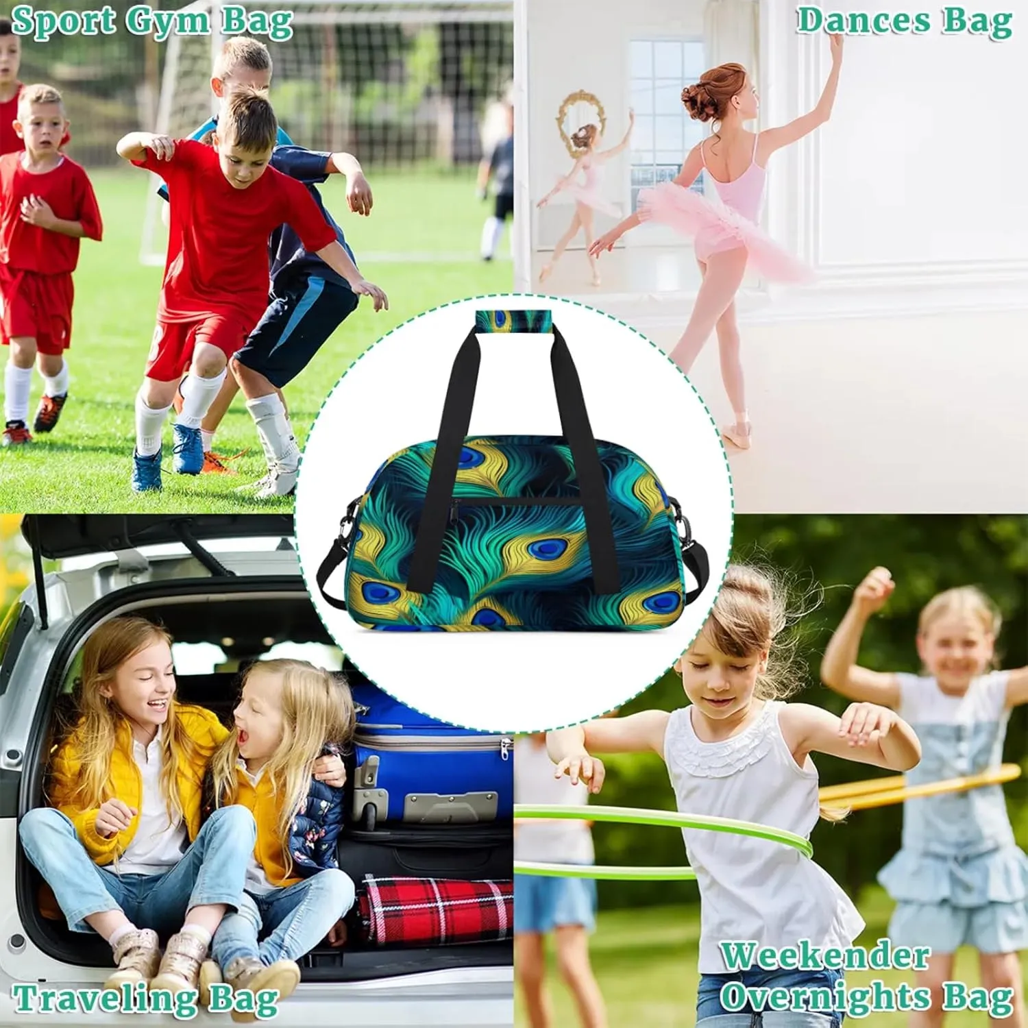 Peacock Bird Feathers Gym Bag for Women Men, Sports Travel Duffel Bag Lightweight Workout Bag Carry On Overnight Weekender Bag