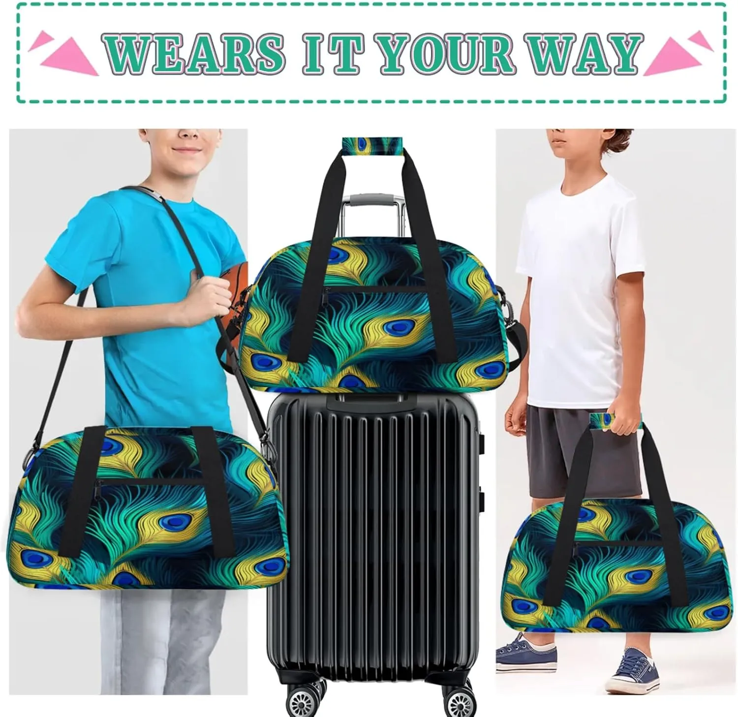 Peacock Bird Feathers Gym Bag for Women Men, Sports Travel Duffel Bag Lightweight Workout Bag Carry On Overnight Weekender Bag