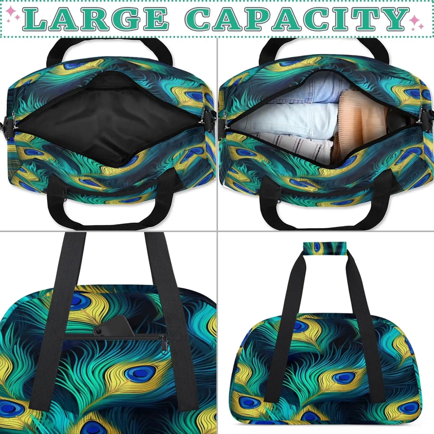 Peacock Bird Feathers Gym Bag for Women Men, Sports Travel Duffel Bag Lightweight Workout Bag Carry On Overnight Weekender Bag